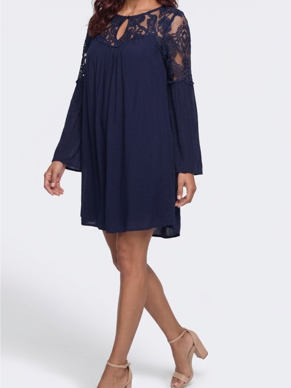 Altar'd State Navy Lace Yoke Long Sleeve Swing Dress